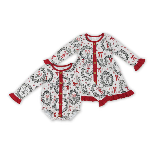 Candy Cane Bows Print Girls Christmas Clothes Sisters Matching Wear