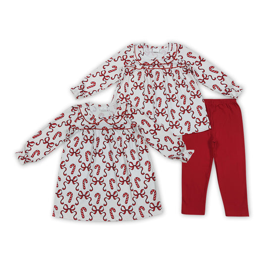 Candy Cane Red Bows Print Girls Christmas Clothes Sisters Matching Wear