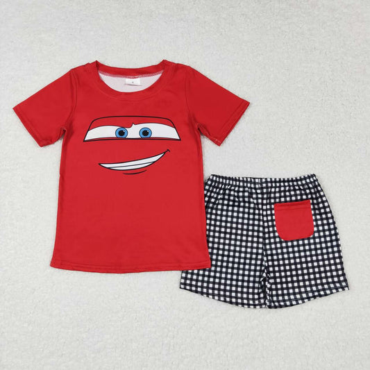 BSSO0654  Cartoon Car Red Top Black Plaid Pocket Shorts Boys Summer Clothes Set