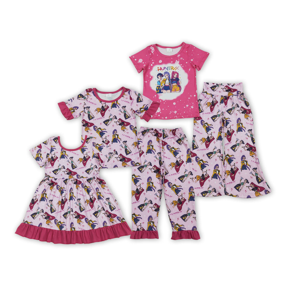 Cartoon Demon Movie Pink Print Girls Matching Clothes Sisters Wear