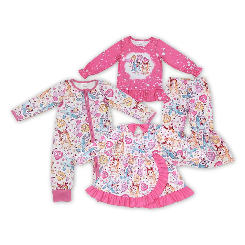 Cartoon Dog Heart Cutie Pink Print Girls Valentine's Day Clothes Sisters Matching Wear