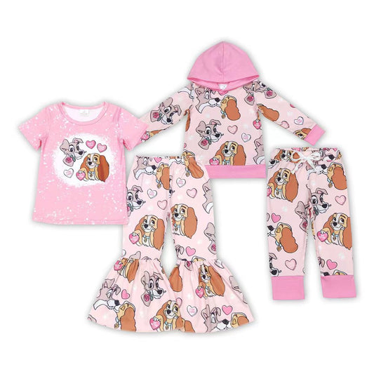 Cartoon Dog Heart Pink Print Girls Valentine's Day Clothes Sisters Wear