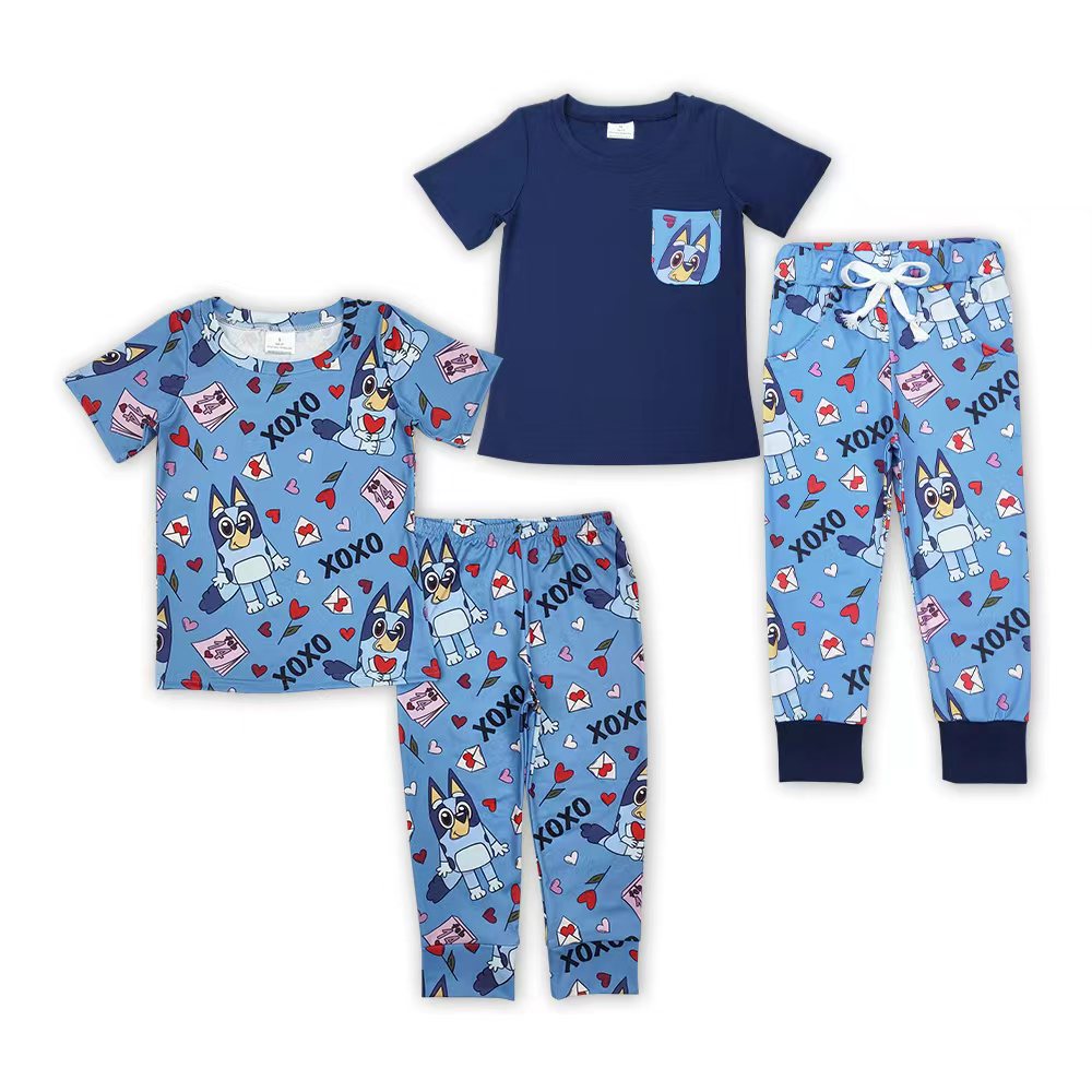 Cartoon Dog Heart XOXO Blue Print Boys Valentine's Day Clothes Brothers Wear