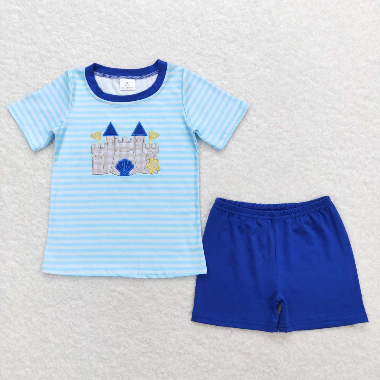 BSSO0747  Beach Castle Embroidery Stripes Top Blue Shorts Boys Summer Clothes Set