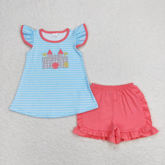 GSSO0875  Beach Castle Embroidery Stripes Top Ruffle Shorts Girls Summer Clothes Set