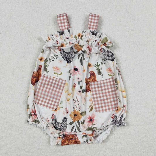 SR1073 Chicken Flowers Print Pockets Baby Girls Summer Romper