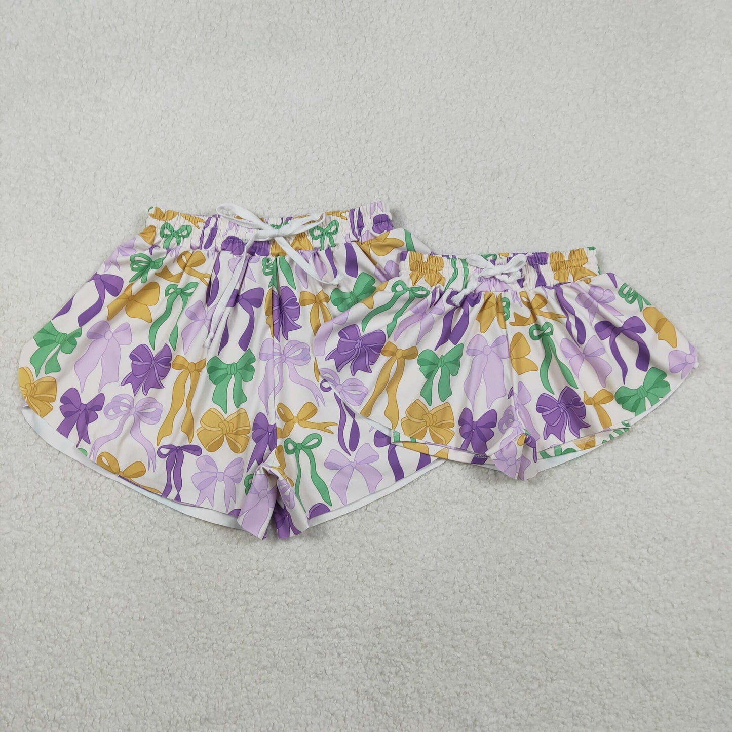 Colorful Bows Print Mom and Me Mardi Gras Bottom Flutter Yoga Shorts