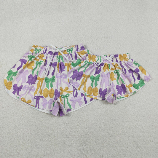 Colorful Bows Print Mom and Me Mardi Gras Bottom Flutter Yoga Shorts