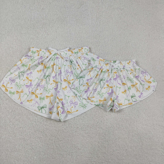 Colorful Bows Print Mom and Me Mardi Gras Bottom Yoga Flutter Shorts