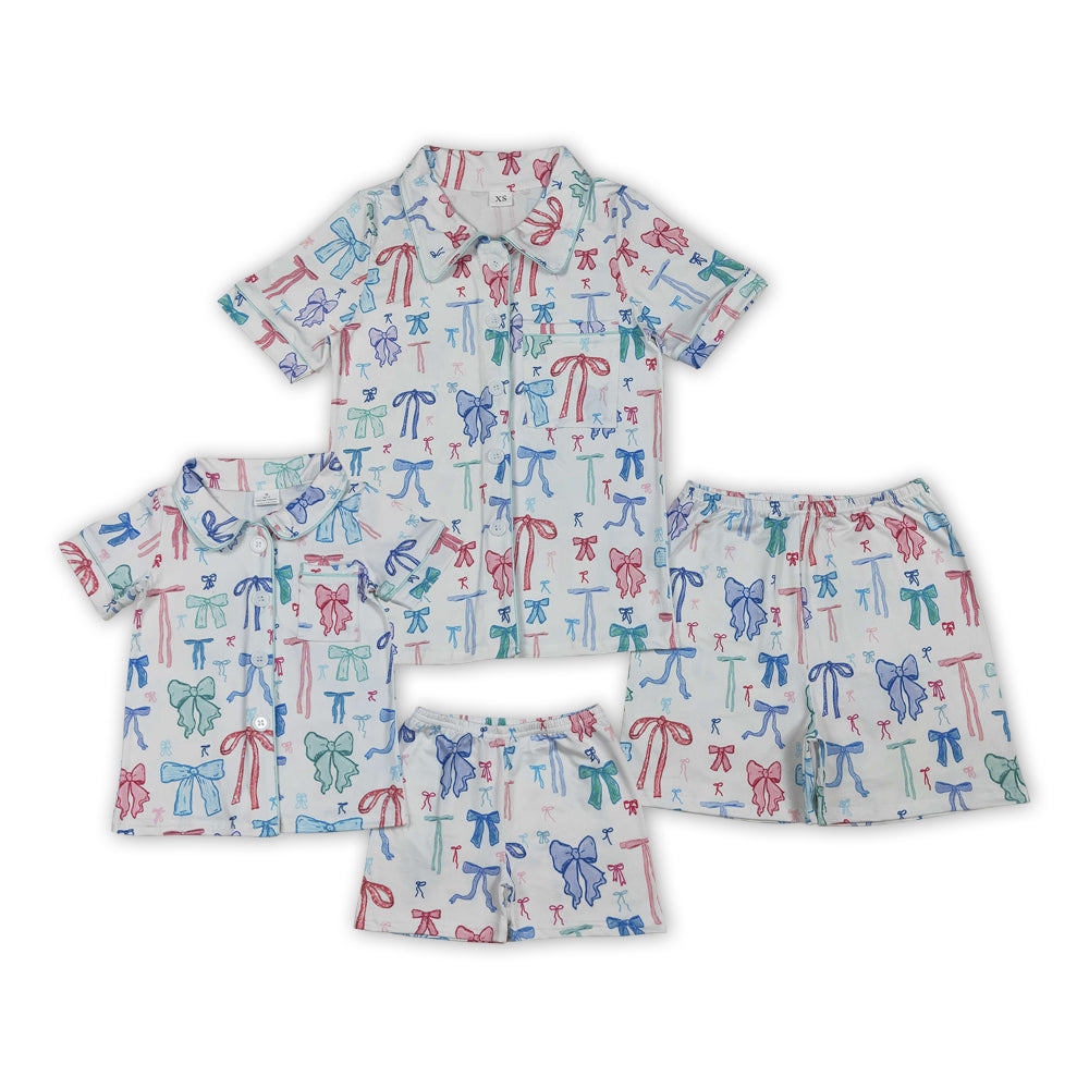 Colorful Bows White Print Mom and Me Summer Buttons Pajamas Matching Clothes Set