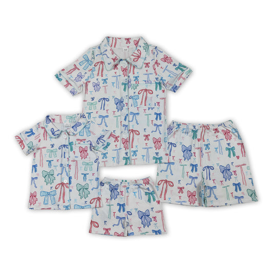 Colorful Bows White Print Mom and Me Summer Buttons Pajamas Matching Clothes Set