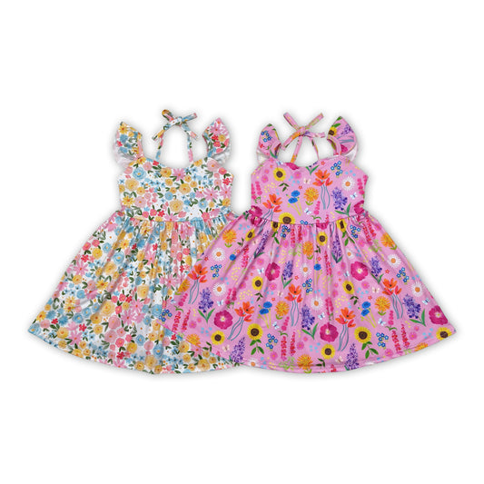 Colorful Flowers Print Girls Backless Knee Length Dress Sisters Wear