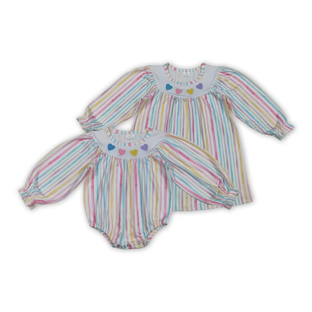 Colorful Heart Embroidery Stripes Print Girls Valentine's Day Clothes Sisters Matching Wear