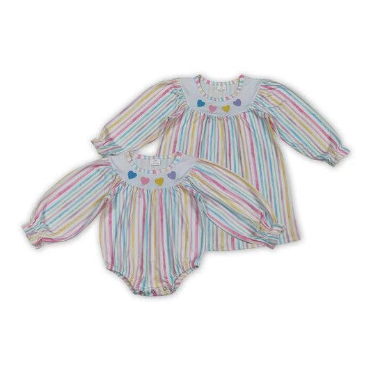 Colorful Heart Embroidery Stripes Print Girls Valentine's Day Clothes Sisters Matching Wear