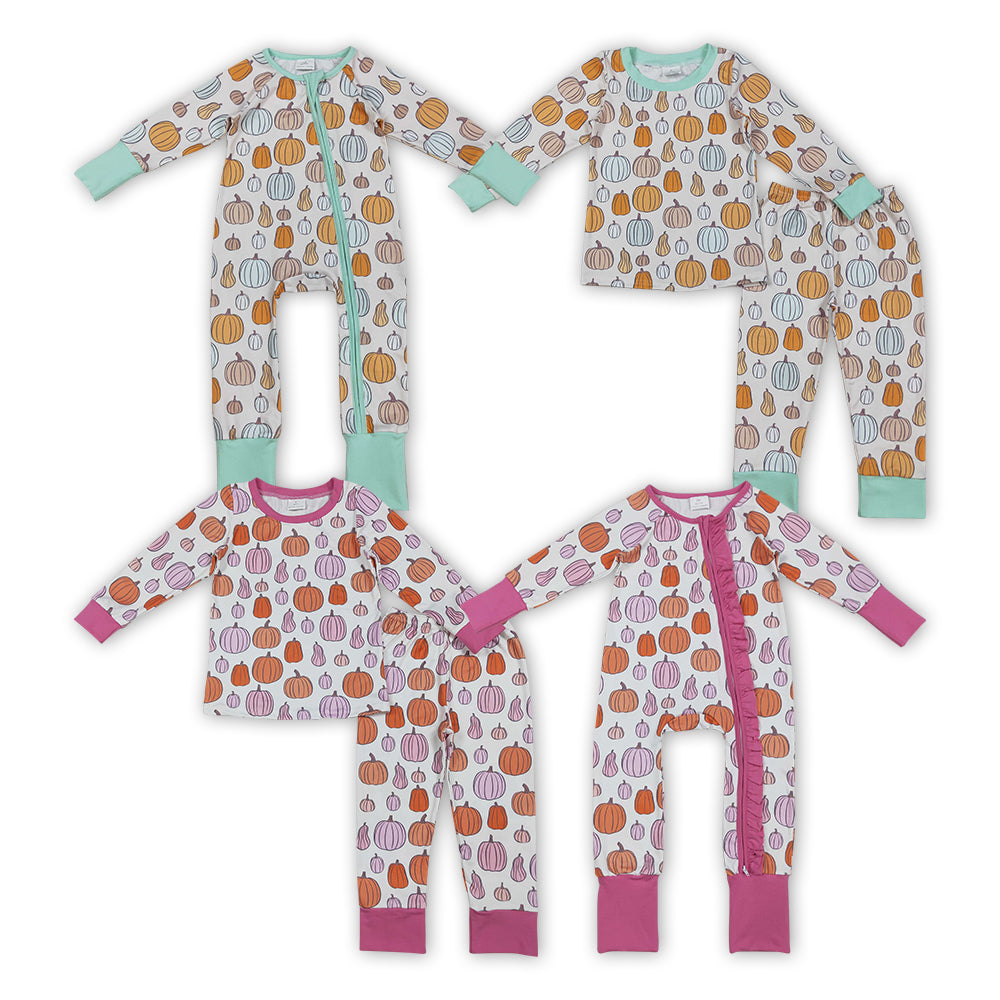 Colorful Pumpkin Print Kids Fall Pajamas Clothes Sibling Wear