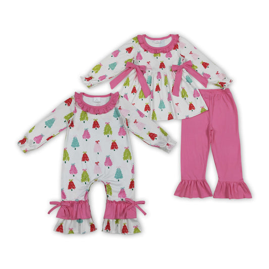 Colorful Tree Print Girls Christmas Clothes Sisters Matching Wear
