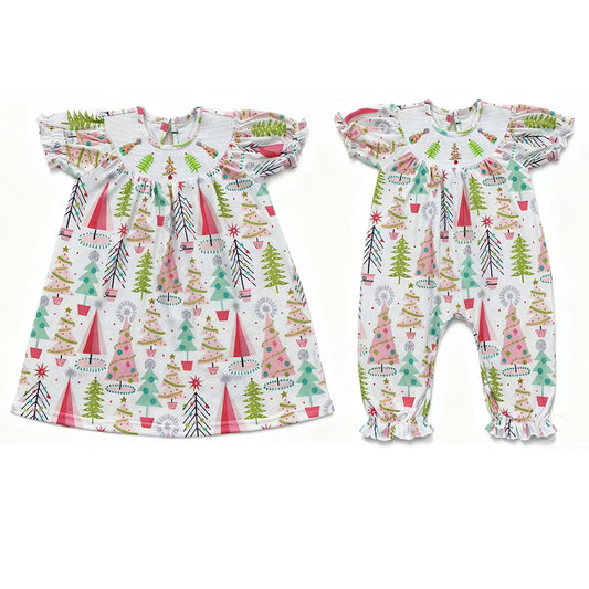 Colorful Tree Embroidery Sisters Christmas Smocked Matching Clothes