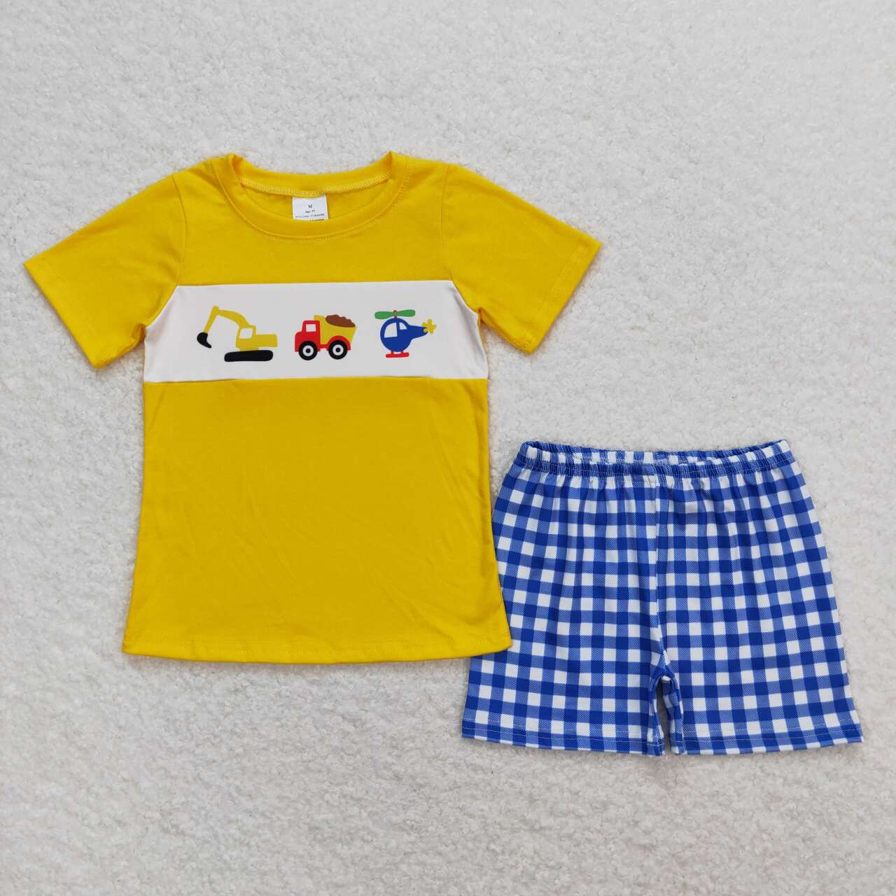 BSSO0574 Construction Print Yellow Top Plaid Shorts Boys Summer Clothes Set