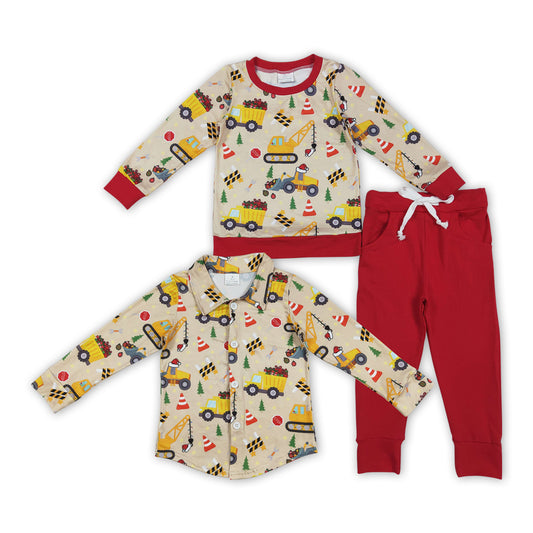 Construction Trucks Print Boys Christmas Clothes Brothers Matching Wear