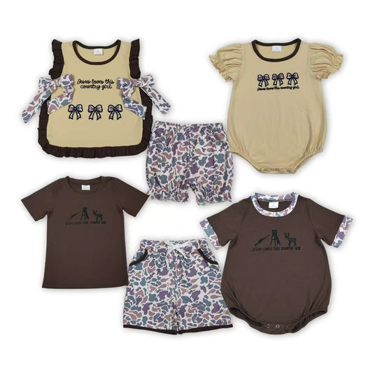Country Boy & Girl Hunting Embroidery Camo Print Kids Summer Matching Clothes Sibling Wear