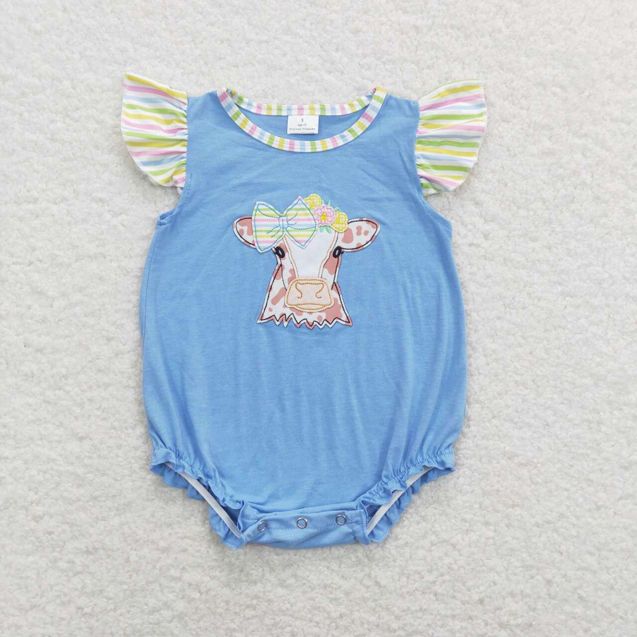 SR0825 Cow Embroidery Blue Baby Girls Summer Romper