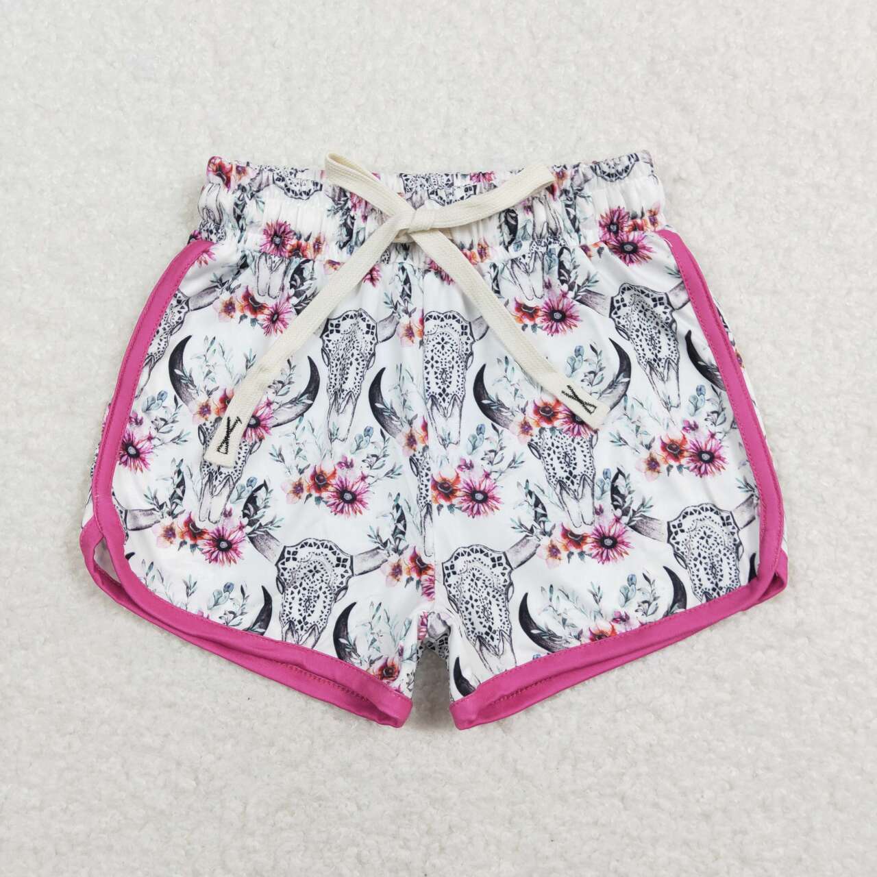 SS0122 Flowers Cowskull Print Girls Summer Western Shorts