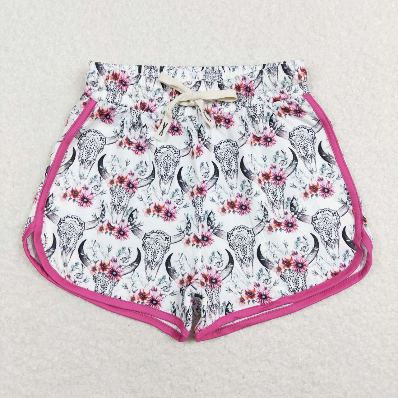 SS0127 Adult Flowers Cowskull Print Summer Western Woman Shorts