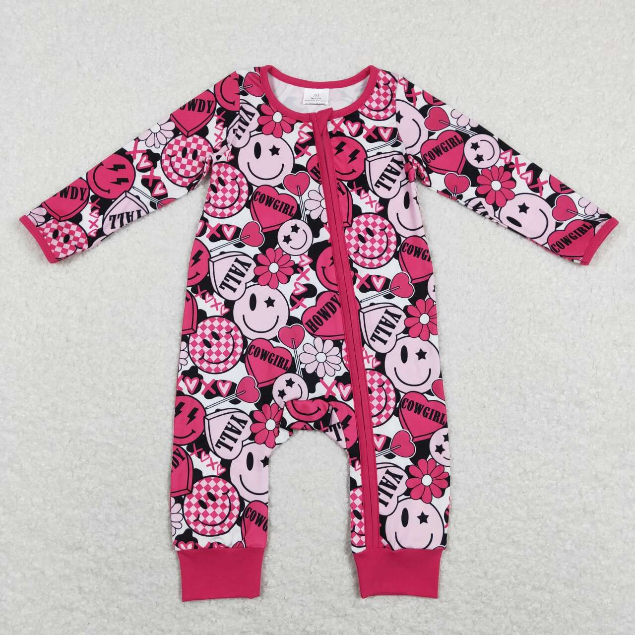 LR0896  Pink Heart Smiling Face XOXO Print Baby Girls Zipper Romper