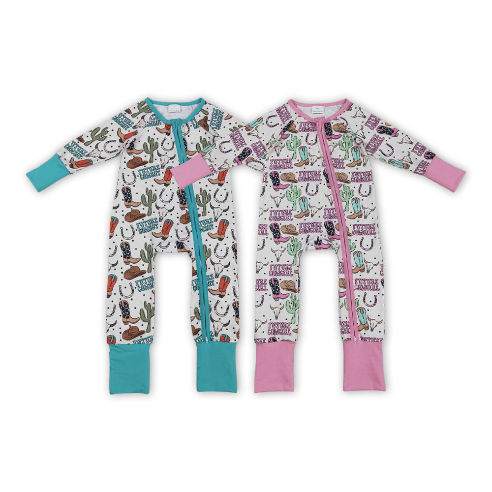 Cowgirl & Cowboy Boots Hat Cactus Print Baby Western Zipper Sleeper Romper Sibling Wear