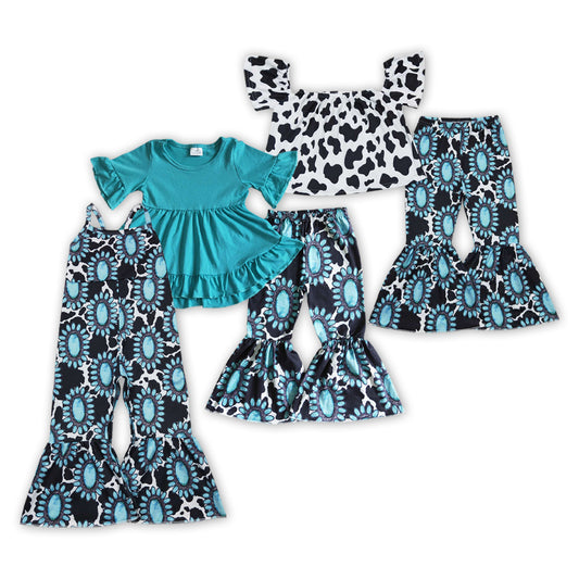 Cows Turquoise Print Girls Western Clothes Sisters Matching Wear