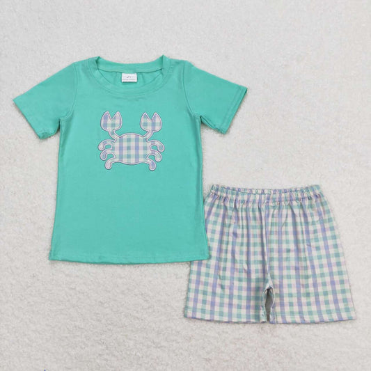 BSSO0638 Crab Embroidery Green Top Plaid Shorts Boys Summer Clothes Set