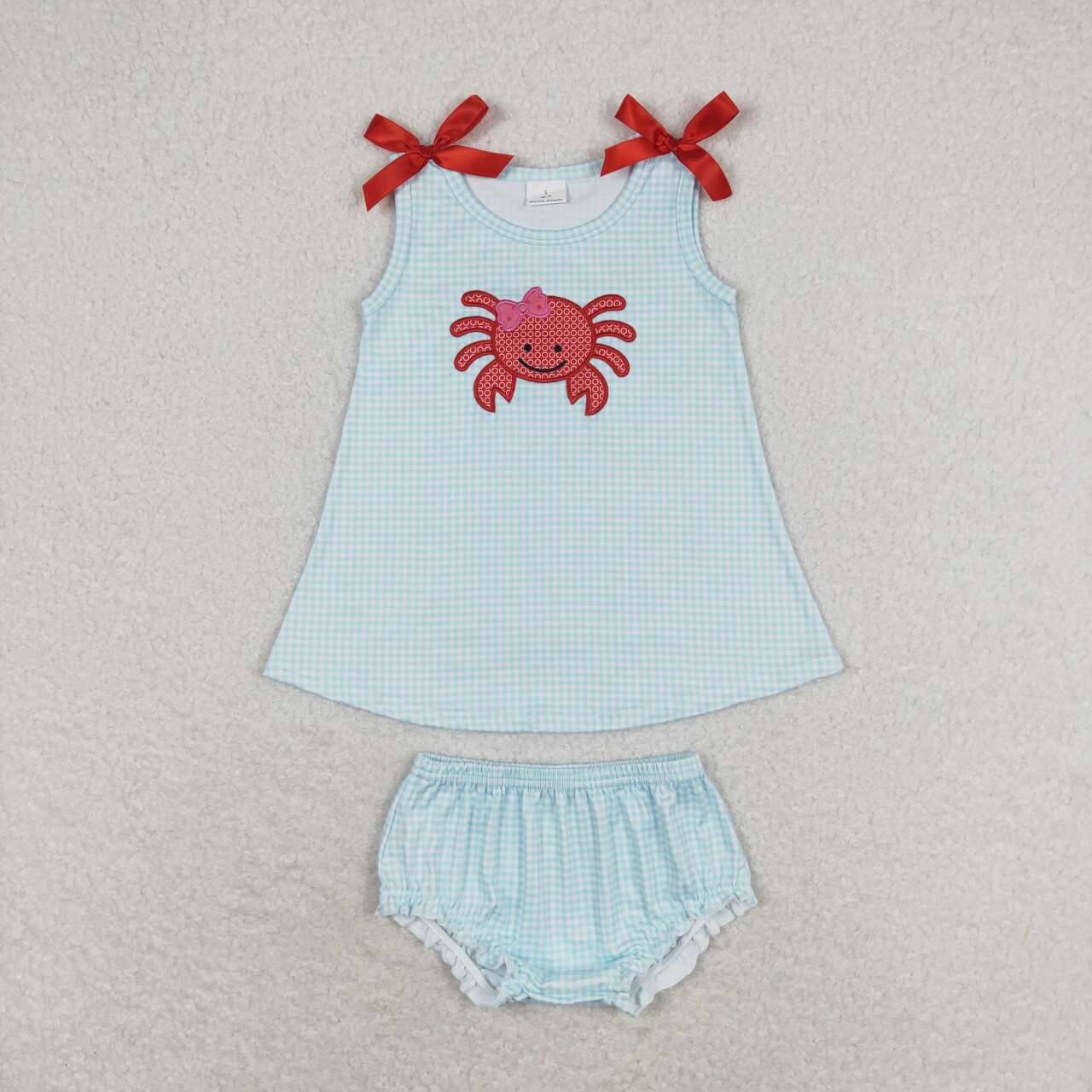 GBO0267 Red Crab Embroidery Blue Plaid Print Baby Girls Summer Bummie Set