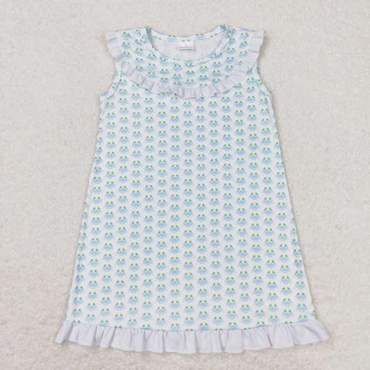 GSD1078  Blue Crab Print Girls Knee Length Summer Dress