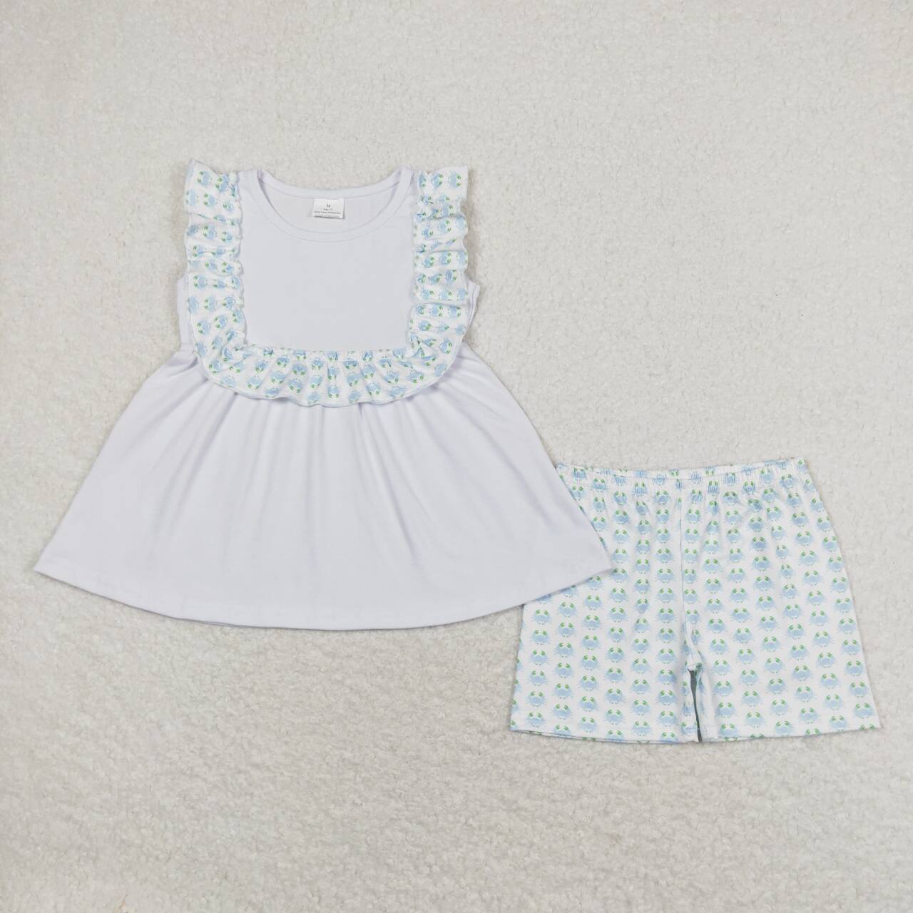 GSSO1009  White Top Blue Crab Shorts Girls Summer Clothes Set