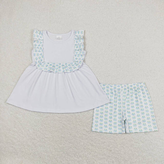 GSSO1009  White Top Blue Crab Shorts Girls Summer Clothes Set