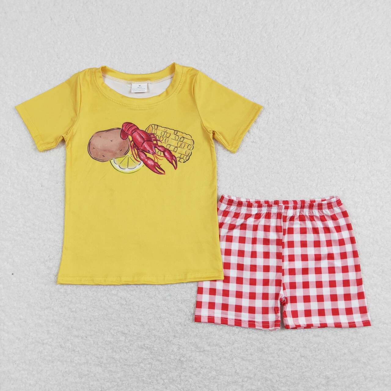 BSSO0438 Crayfish Corn Potatoes Yellow Top Red Plaid Shorts Boys Summer Clothes Set