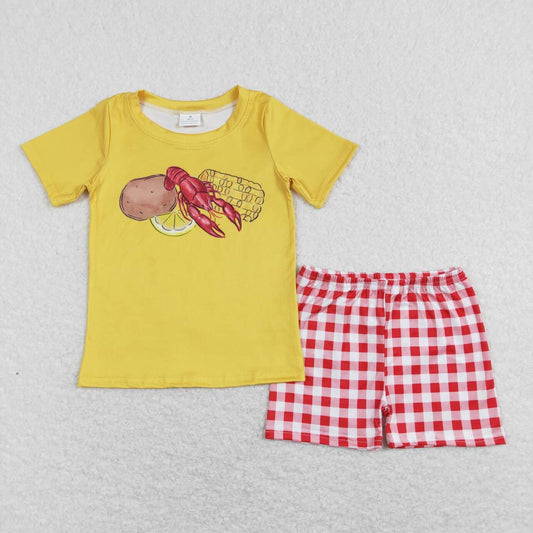 BSSO0438 Crayfish Corn Potatoes Yellow Top Red Plaid Shorts Boys Summer Clothes Set