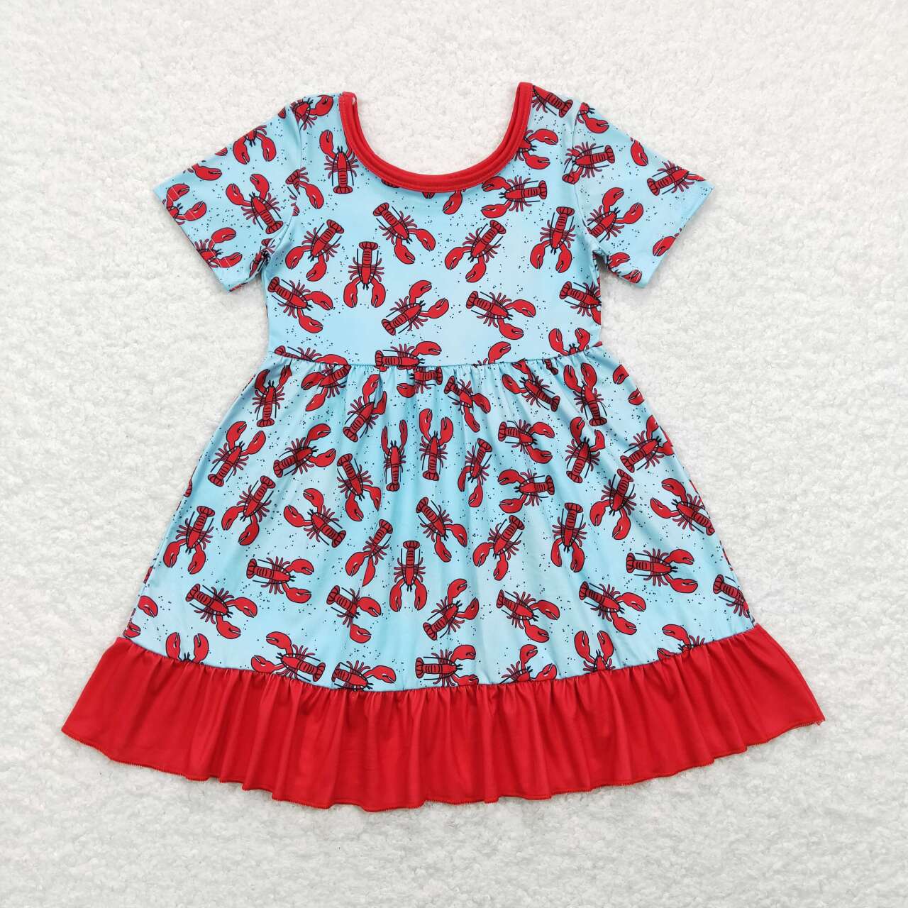 GSD0486 Blue Crayfish Print Girls Summer Knee Length Dress