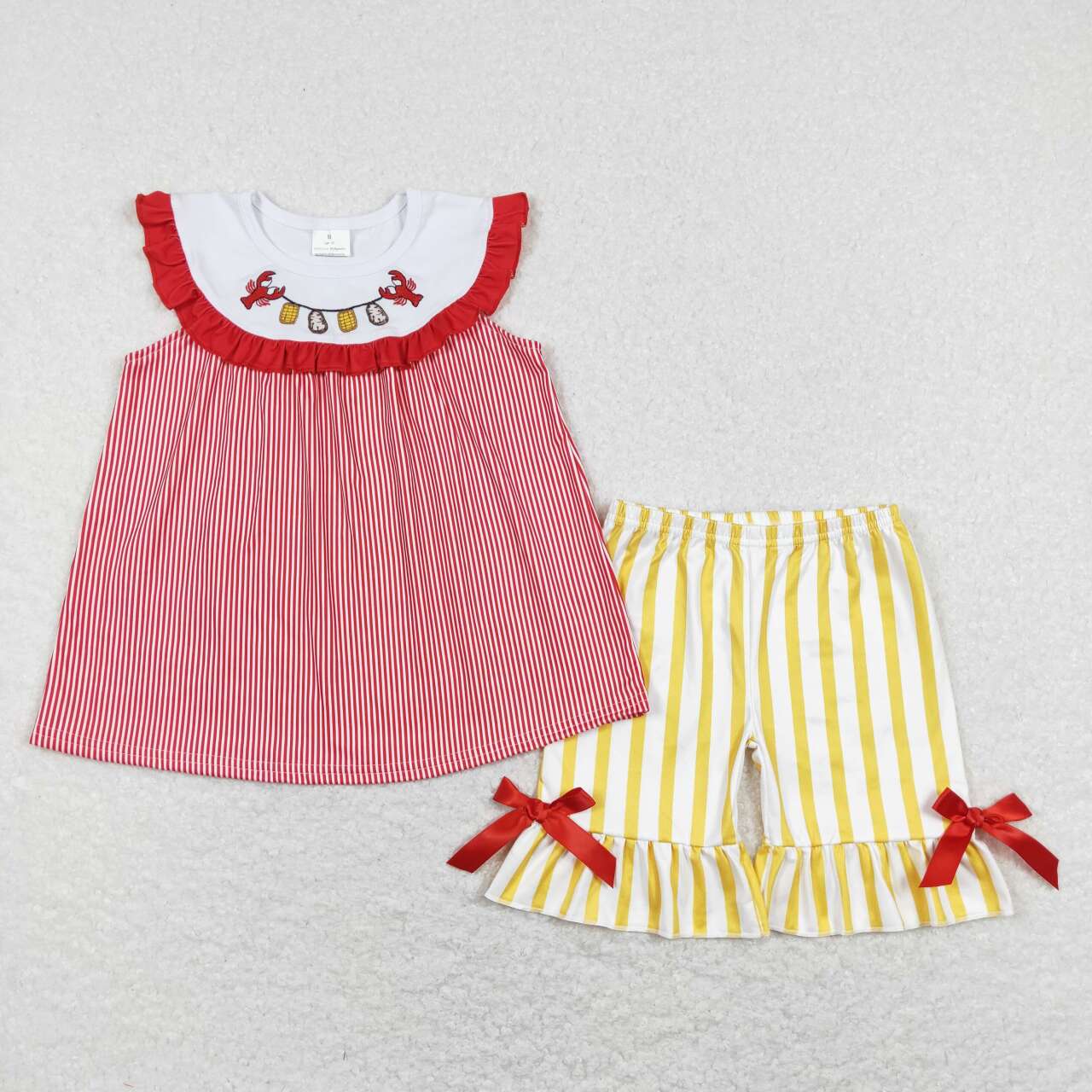 GSSO0453 Crayfish Corn Potato Embroidery Red Stripes Top Yellow Stripes Shorts Girls Summer Clothes Set