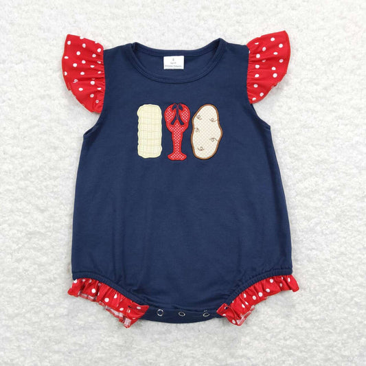 SR0739  Corn Crayfish Potato Embroidery Navy Baby Girls Summer Romper