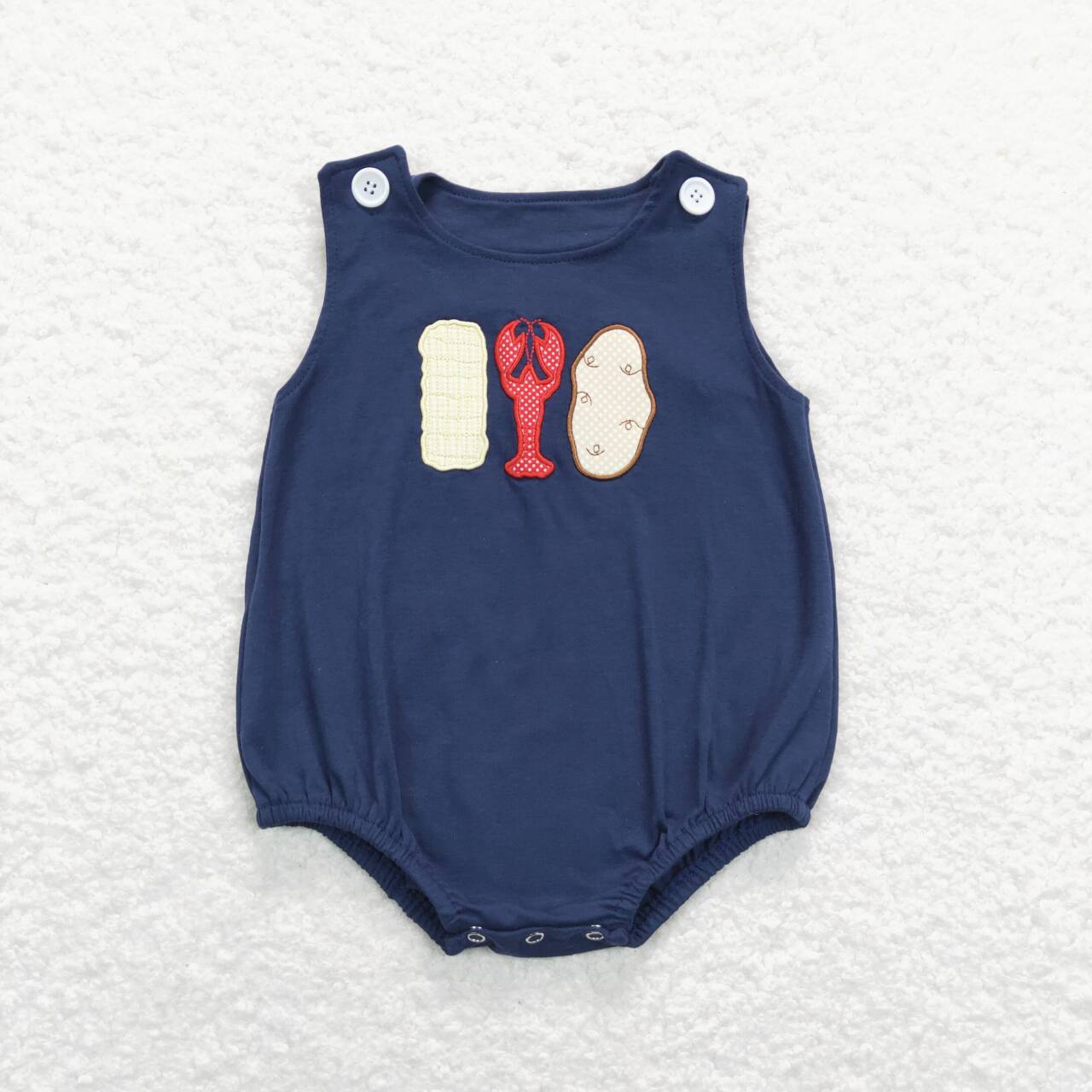 SR0740  Corn Crayfish Potato Embroidery Navy Baby Boys Summer Romper