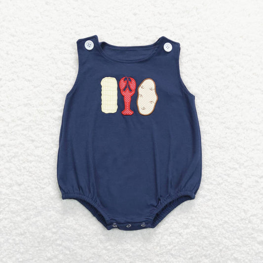 SR0740  Corn Crayfish Potato Embroidery Navy Baby Boys Summer Romper