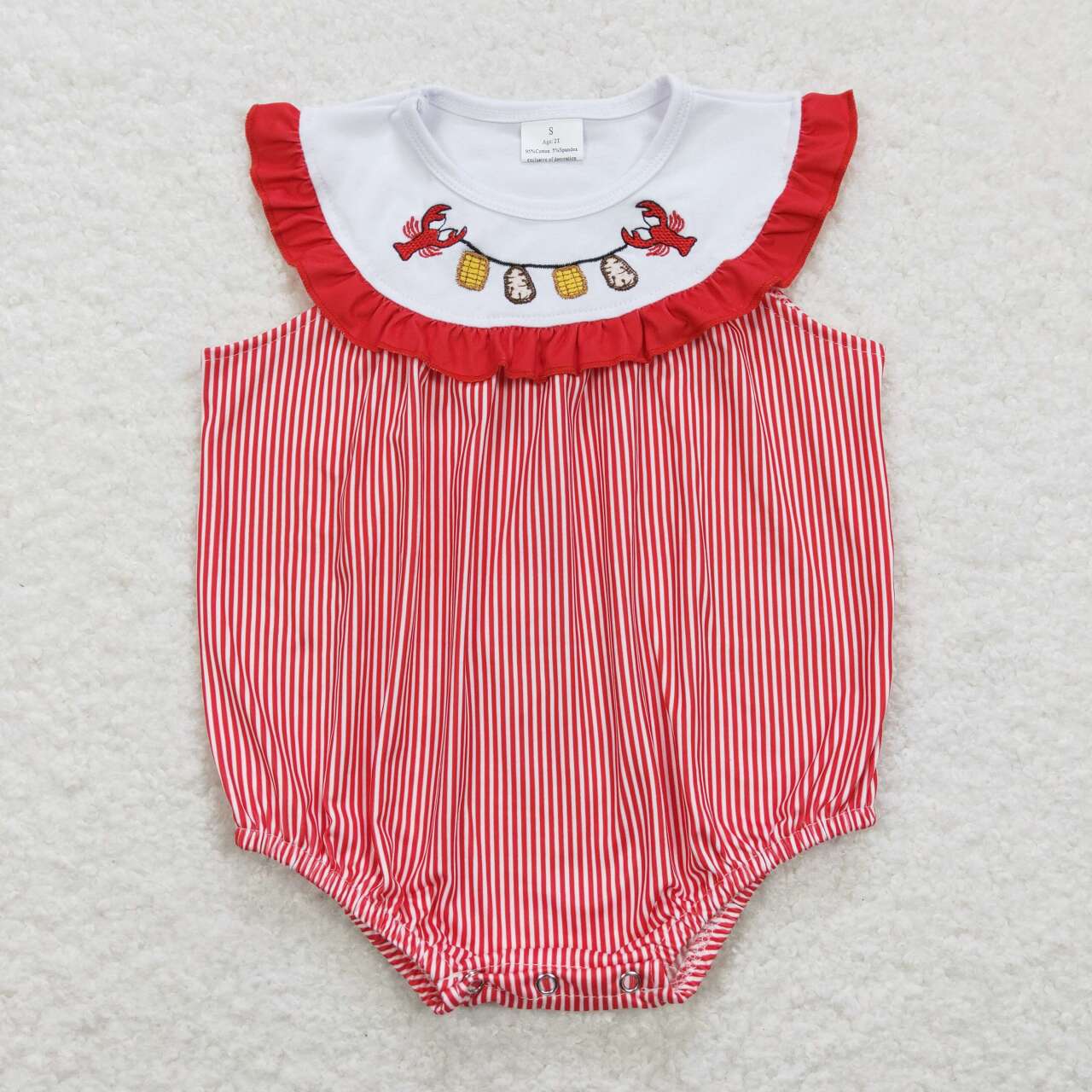 SR0741  Crayfish Corn Potato Embroidery Red Stripes Baby Girls Summer Romper