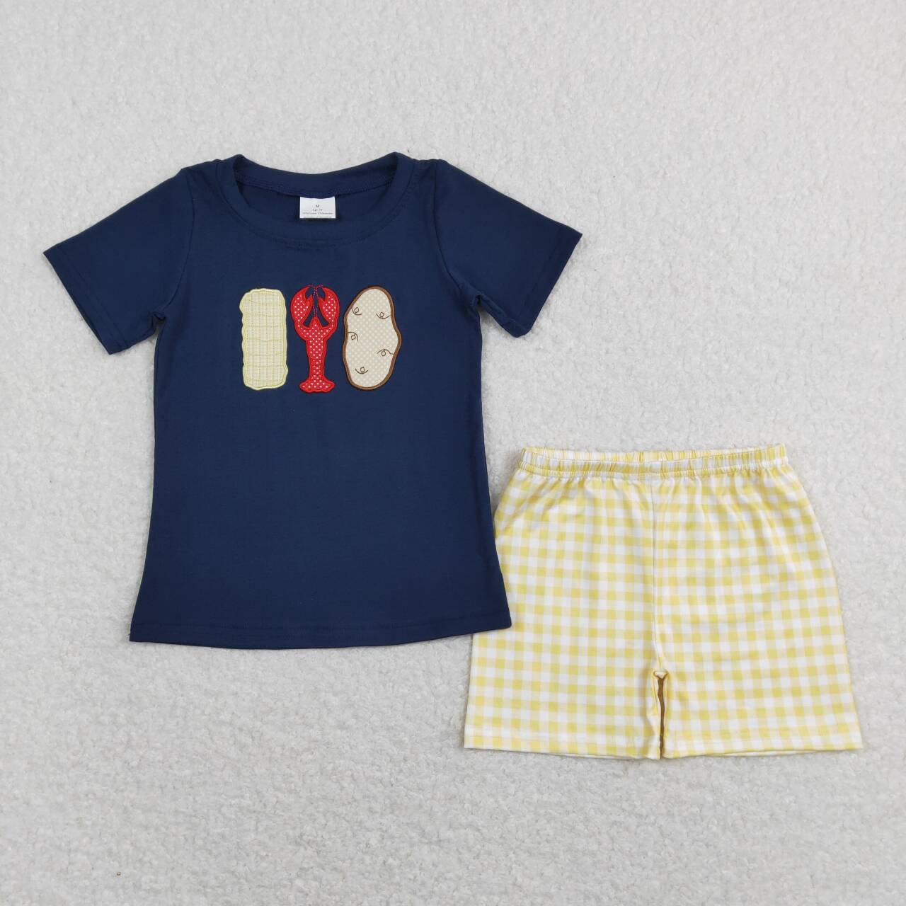 BSSO0418 Corn Crayfish Potato Embroidery Navy Top Plaid Shorts Boys Summer Clothes Set