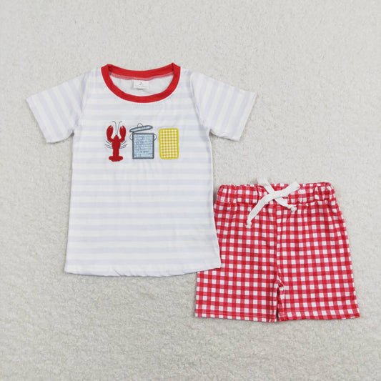 BSSO0419 Crayfish Corn Embroidery Top Red Plaid Shorts Boys Summer Clothes Set