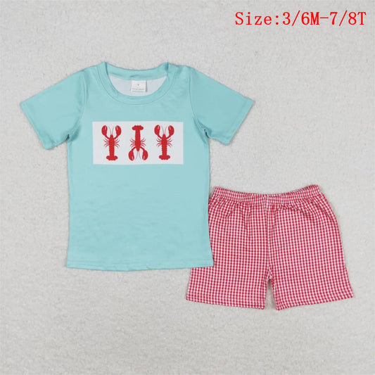 BSSO0597 Crayfish Aqua Top Plaid Shorts Boys Summer Clothes Set