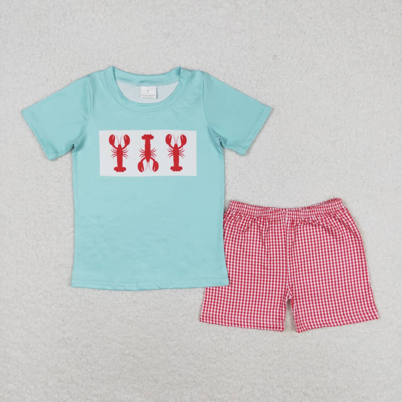 BSSO0597 Crayfish Aqua Top Plaid Shorts Boys Summer Clothes Set