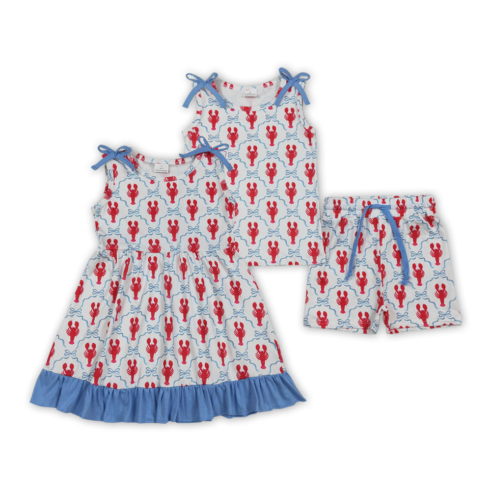 Crayfish Bows Print Girls Summer Clothes Sisters Wear
