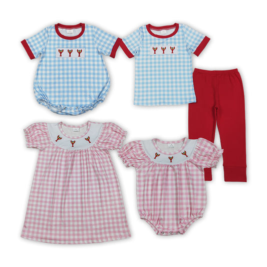 Crayfish Embroidery Plaid Kids Mardi Gras Matching Clothes Sibling Wear