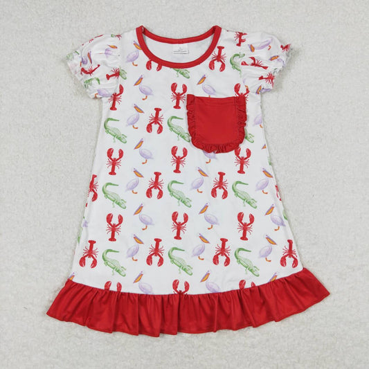 GSD0869 Crayfish Print Pocket Girls Summer Knee Length Dress